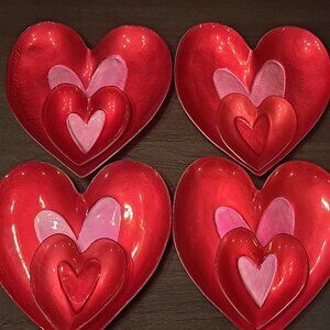 Red Pink Heart Plate Valentine Glass Handpainted Crafted Pair Appetizer Dinner